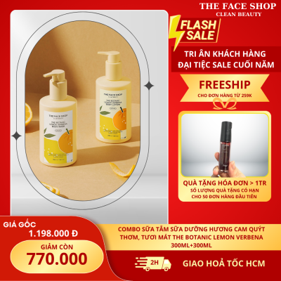 Combo Sữa Tắm + sữa dưỡng Chanh Lưu Hương Lâu Làm Sạch Sáng Da Cấp Ẩm Sâu THE FACE SHOP THE BOTANIC LEMON VERBENA BODY WASH 350ML