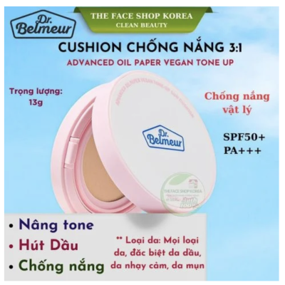 Cushion Chống Nắng Nâng Tone Hút Nhờn The Face Shop Dr Belmeur Advanced Oil Paper Vegan Tone Up Sun Cushion SPF50+